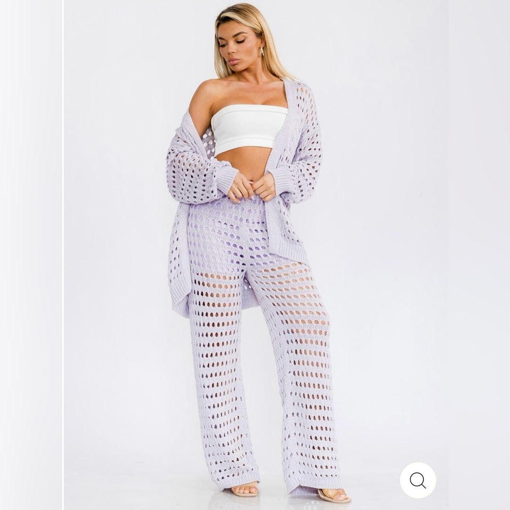 Lavender Crochet Knit 2 Piece Set Wide Leg Pants Sz Medium